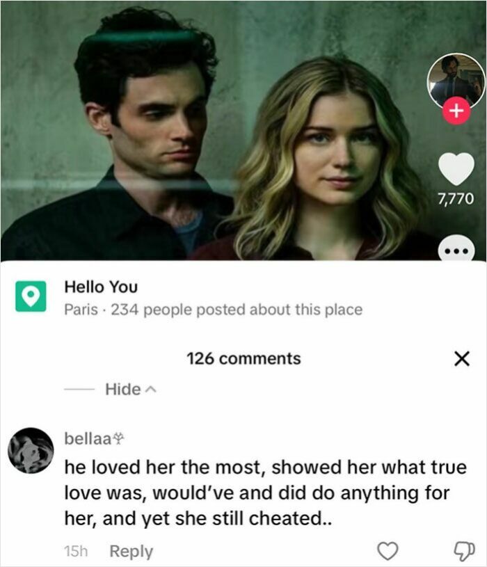 Screenshot from a TikTok post showing a comment about love and betrayal, featured in smart TikTok screenshots.