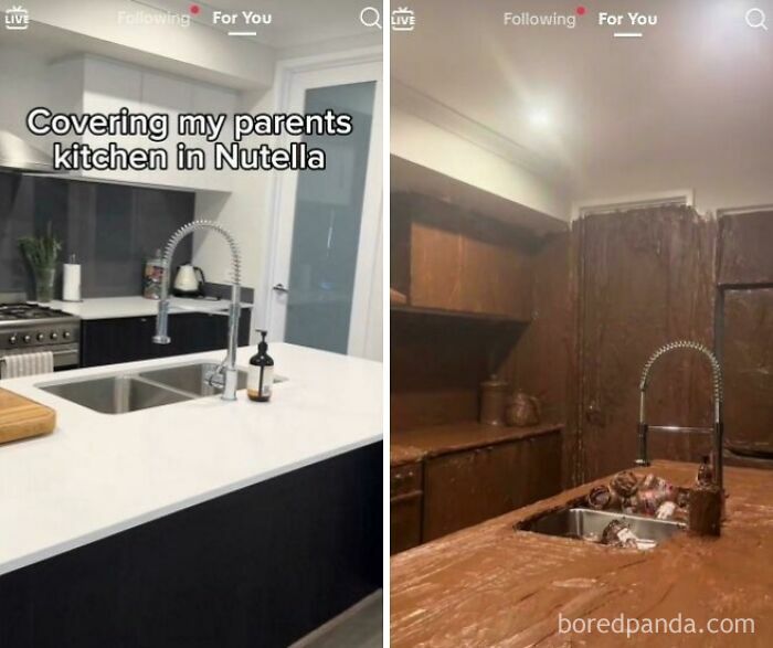 Modern kitchen before and after covered entirely in Nutella, a creative TikTok screenshot that might make you feel very smart.