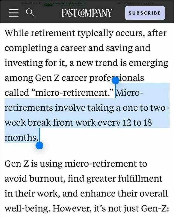 Text excerpt about micro-retirement trends among Gen Z career professionals highlighting work breaks every 12 to 18 months.