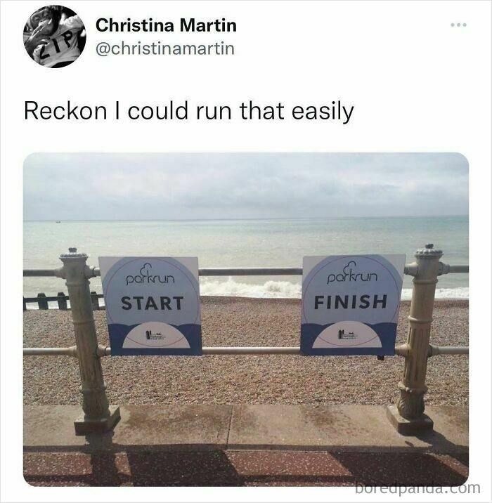 Tweet by Christina Martin humorously showing park run start and finish signs side by side on a beach, British jokes and memes theme.