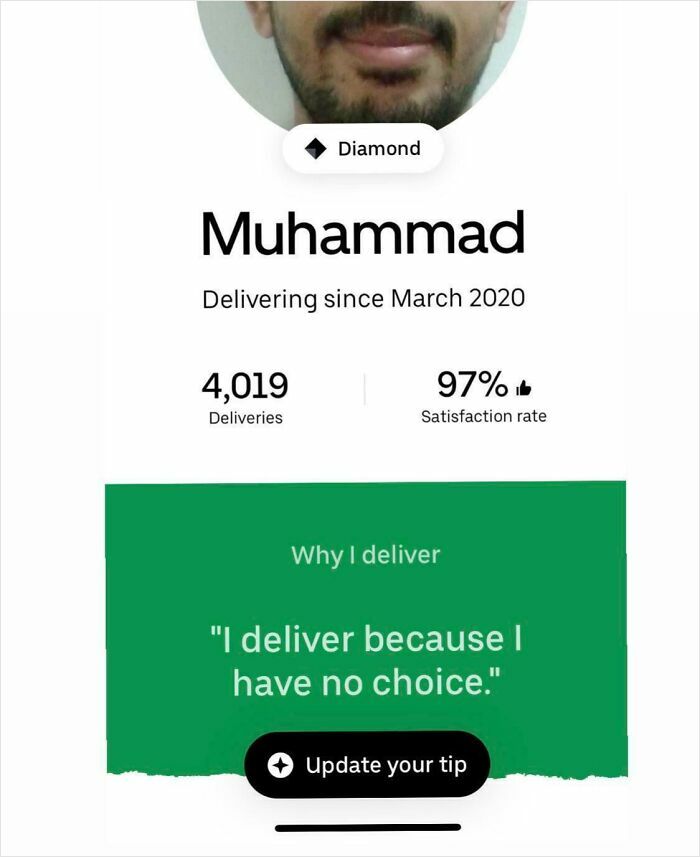 Delivery worker Muhammad's profile showing 4,019 deliveries and a 97% satisfaction rate in a dystopian scene.