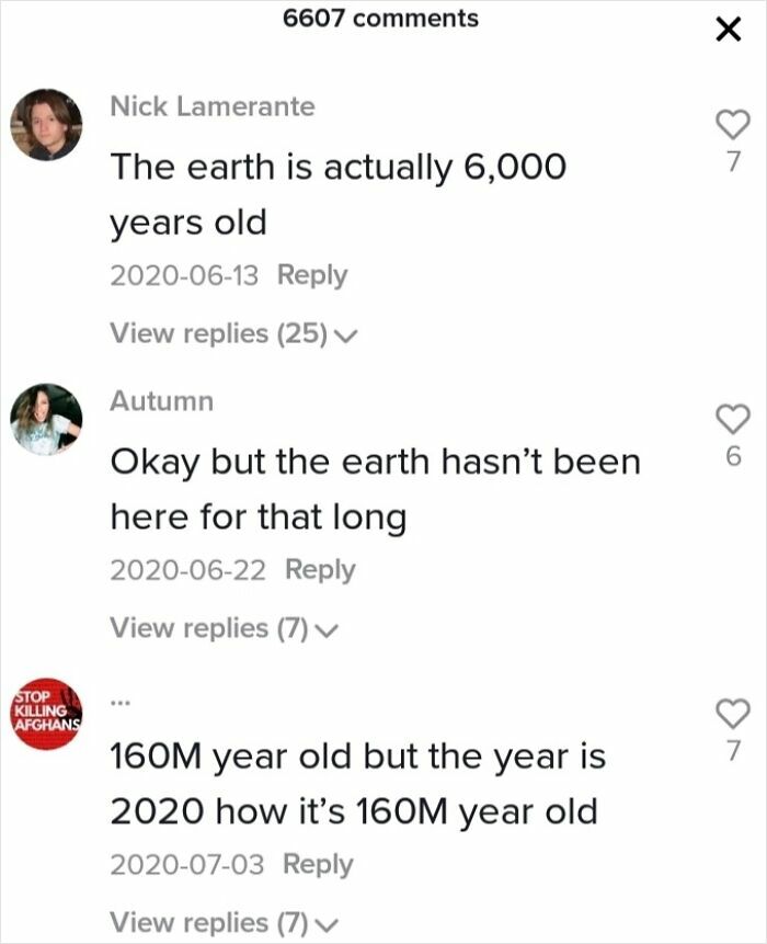 TikTok comments discussing the age of the earth with various user opinions in a smart screenshot conversation.