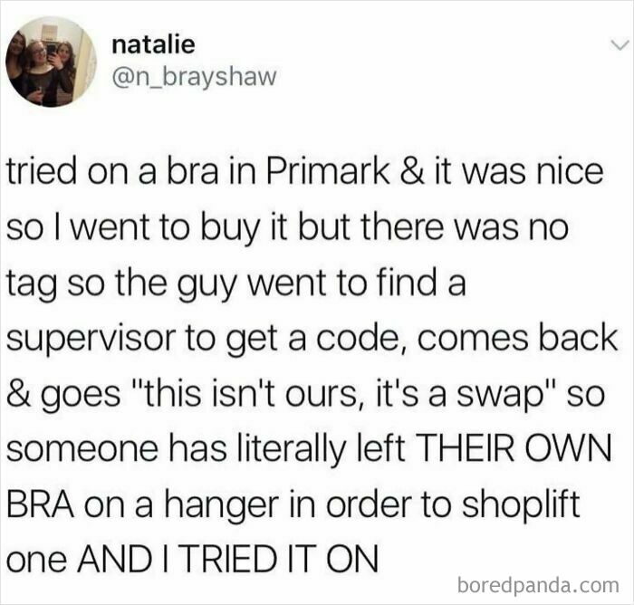 Social media post sharing one of the funniest British jokes and memes about a bra shoplifting fail at Primark.