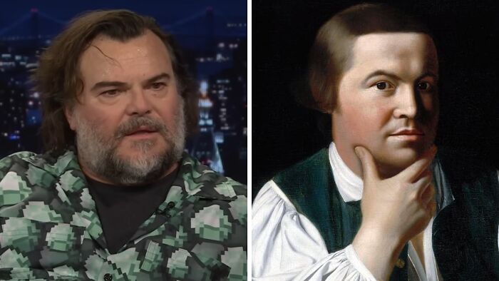 Actor Jack Black in a patterned shirt beside a historical portrait of a thoughtful man, illustrating celebrities and historical counterparts.