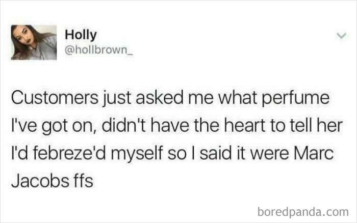 Tweet from Holly joking about pretending to wear Marc Jacobs perfume instead of Febreze, showcasing funny British jokes and memes.