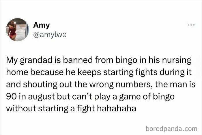 Tweet showing a funny British joke about a 90-year-old grandad banned from bingo for starting fights, British jokes and memes.