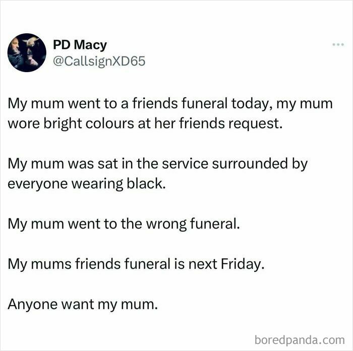 Screenshot of a funny British joke tweet about a mum accidentally attending the wrong funeral, illustrating British jokes and memes.