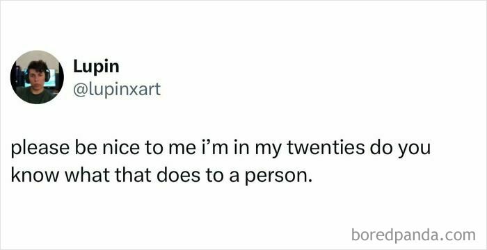 Social media post with a British joke about being in your twenties, featured in funny British jokes and memes.