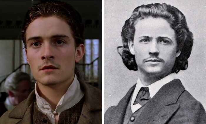 Young man dressed in historical costume next to a black and white photo of a historical figure, illustrating celebrities and historical counterparts.