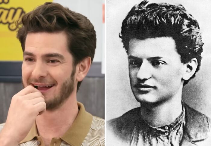 Actor Andrew Garfield smiling in a casual setting next to a vintage portrait for historical counterparts comparison.