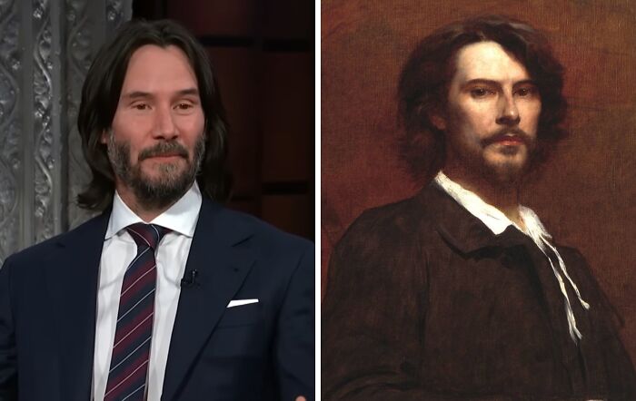 Side-by-side comparison of a celebrity and his historical counterpart showcasing celebrities playing historical counterparts.