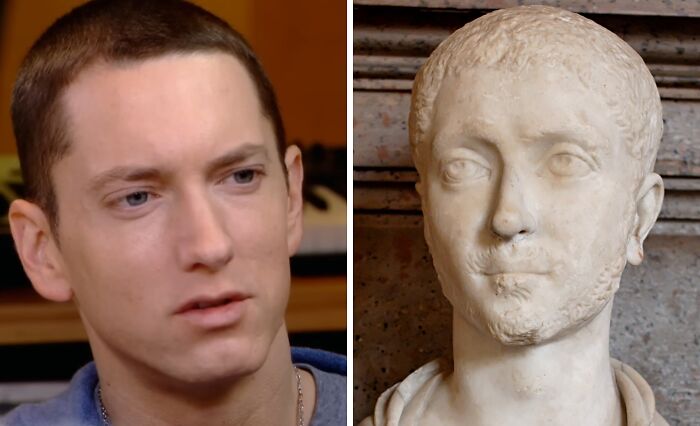 Split image showing a celebrity on the left and a historical bust on the right, highlighting celebrity historical counterparts.