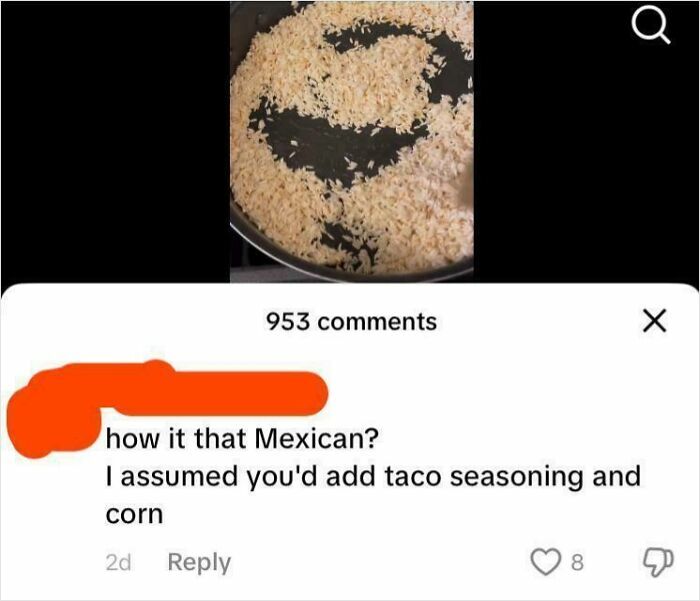 Screenshot from TikTok showing a humorous comment about Mexican seasoning while cooking rice, highlighting TikTok smart content.