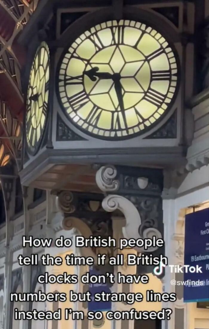 Old British clock with Roman numerals and text about British clocks featured in TikTok screenshots.