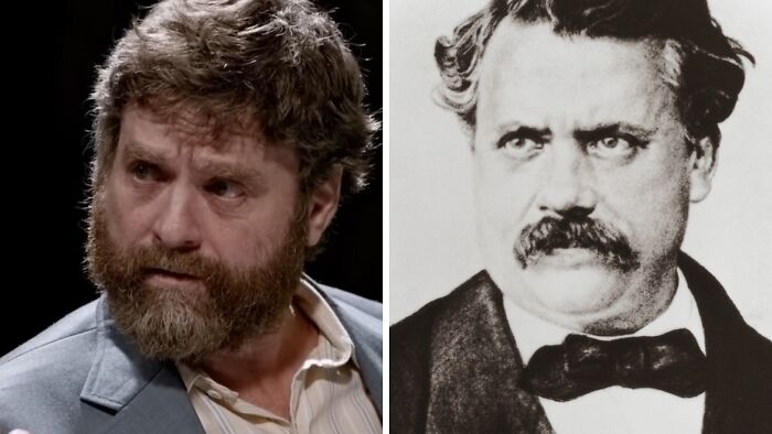 Side-by-side image of a celebrity and his historical counterpart, highlighting celebrities who resemble their historical figures.