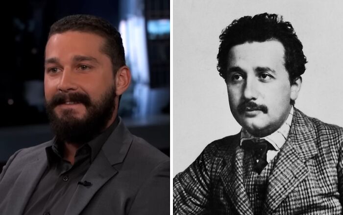 Actor Shia LaBeouf on a talk show compared to a historical black and white photo of Albert Einstein, showcasing celebrity historical counterparts.