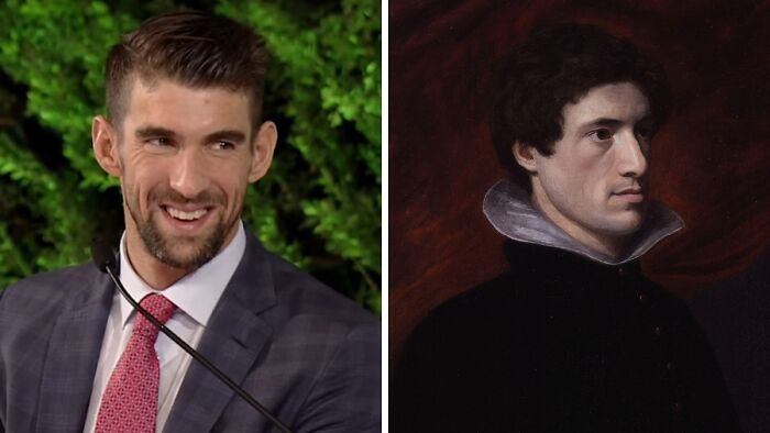 Side-by-side image of a modern man in a suit and a historical portrait, illustrating celebrities as their historical counterparts.