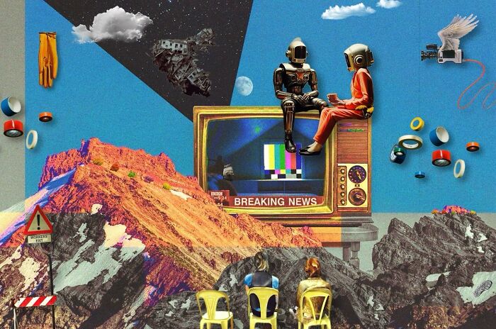Surreal digital collage featuring astronauts, mountains, and vintage TV, showcasing dreamlike digital collages blending real and unreal.
