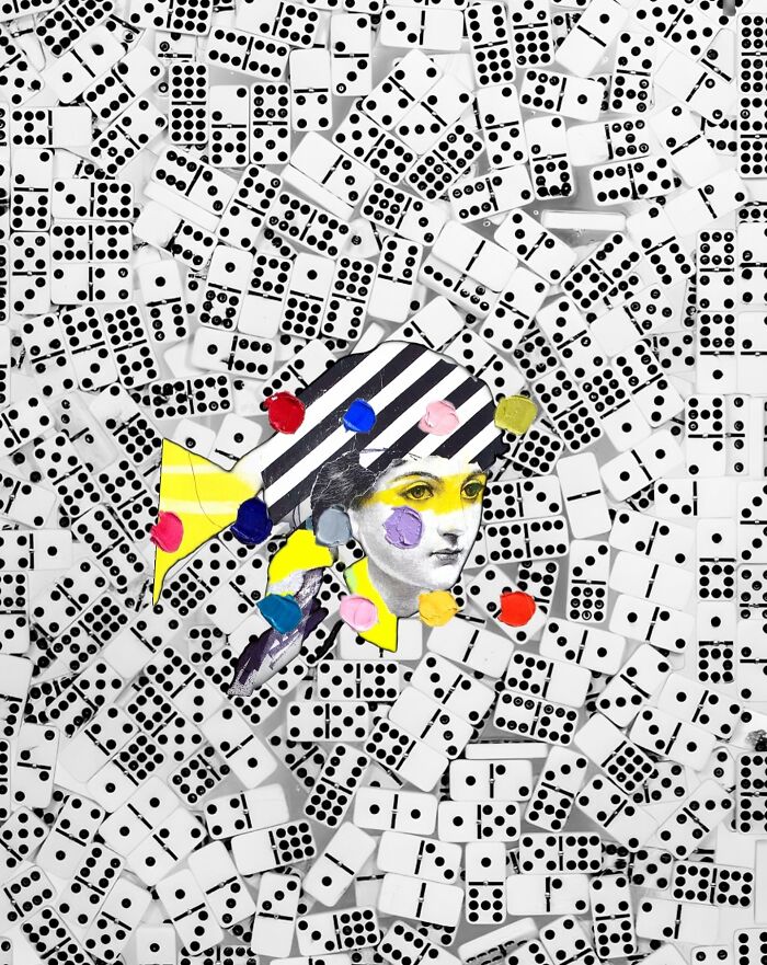Surreal digital collage blending a vintage portrait with colorful paint dots and dominoes background, blurring real and unreal.