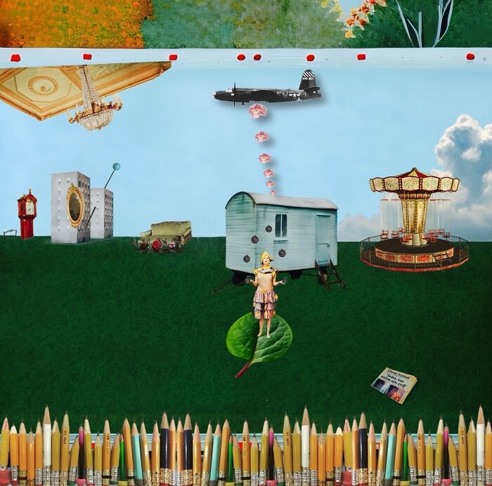 Dreamlike digital collage with surreal elements including a vintage plane, carousel, house, and figure on a leaf blending real and unreal.