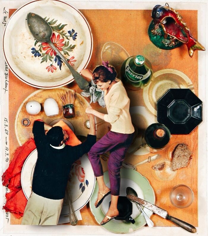 Digital collage of miniature people interacting with oversized kitchenware, showcasing dreamlike art that blurs real and unreal elements.