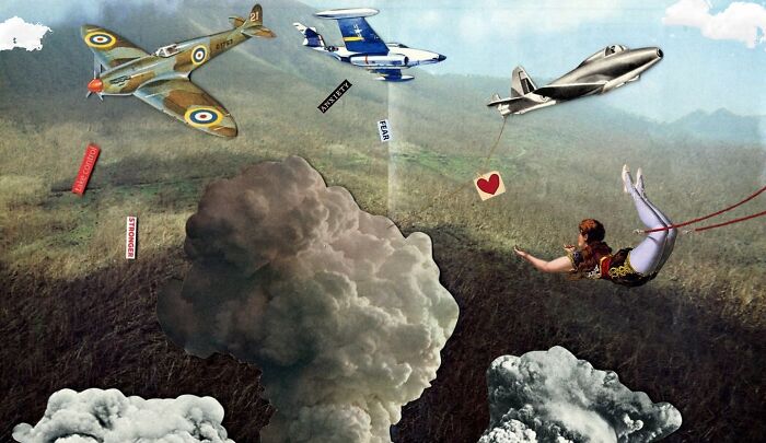 Dreamlike digital collage showing vintage planes flying above clouds and a person suspended in midair in surreal scene.
