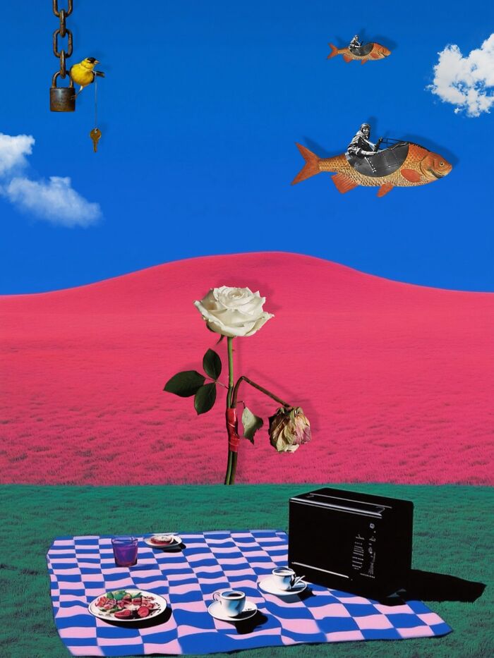 Surreal digital collage with flying fish, a white and wilted rose, and a picnic setup blending real and unreal elements.