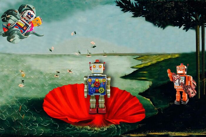 Surreal digital collage featuring vintage robots in a dreamlike landscape, blending real and unreal elements seamlessly.