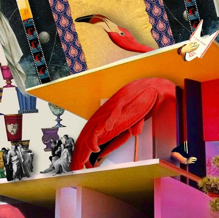 Surreal digital collage featuring a large red flamingo blending real and unreal elements in vivid colors.
