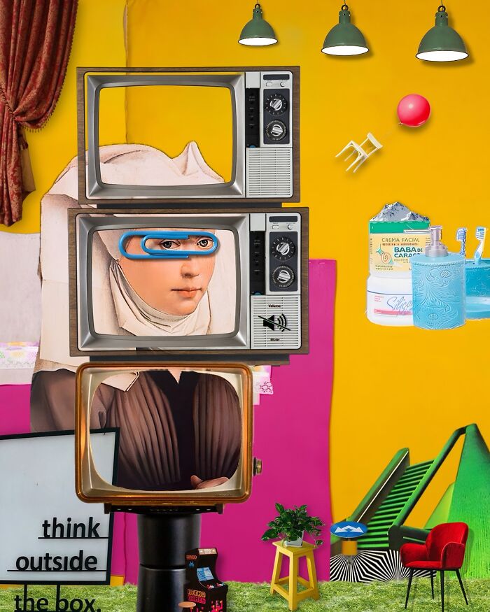 Surreal digital collage blending vintage TVs with a classical portrait in a vibrant, dreamlike setting by Italian artist.