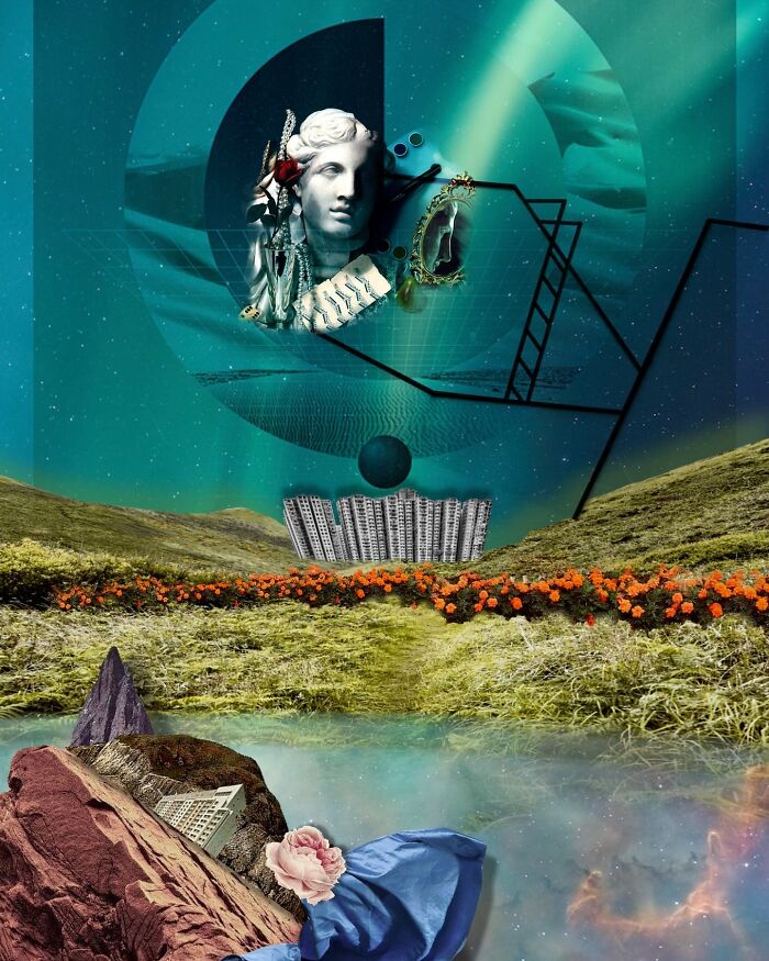 Surreal digital collage blending classical sculpture, abstract shapes, and nature in a dreamlike scene by Italian artist.