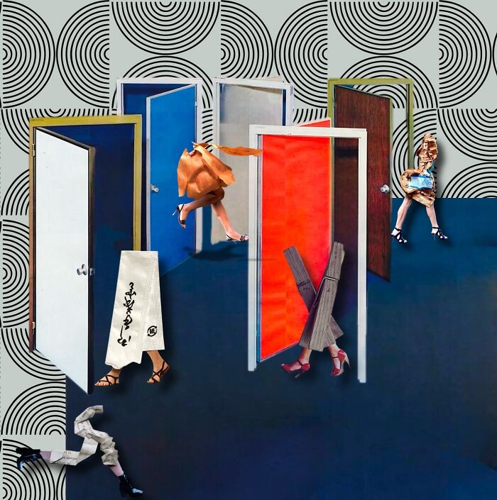 Digital collage artwork showing surreal scene with open doors and human legs, blending real and unreal elements.