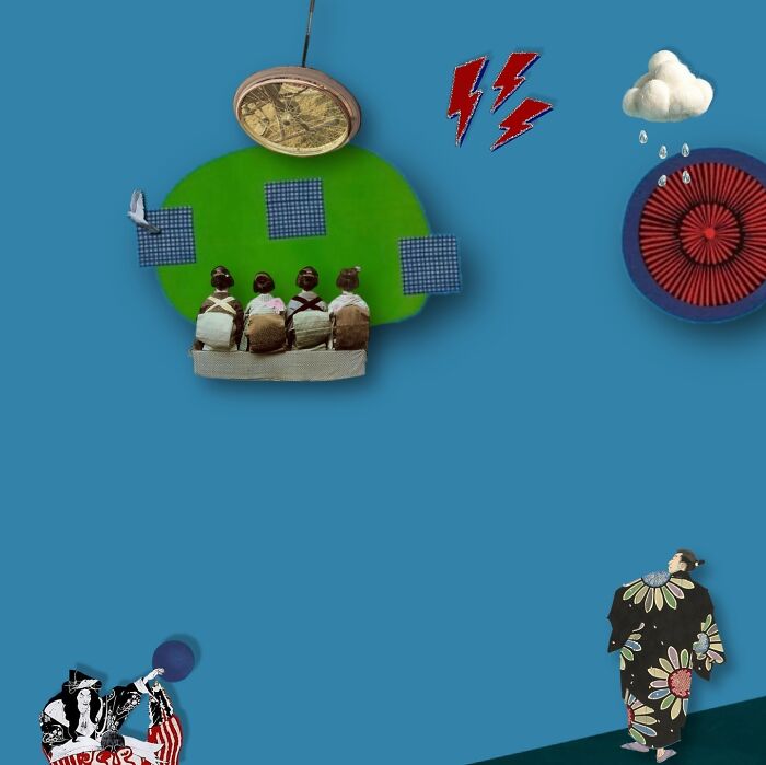 Dreamlike digital collage showing people sitting on a floating platform and surreal elements in a vibrant blue background.