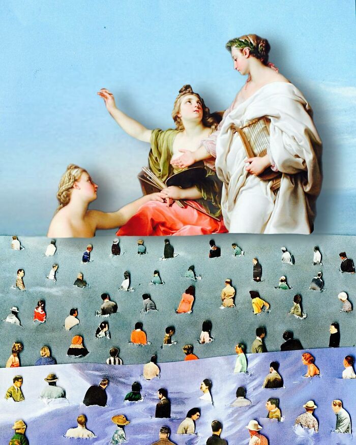 Surreal digital collage blending classical figures with crowds, showcasing dreamlike art that blurs the line between real and unreal.