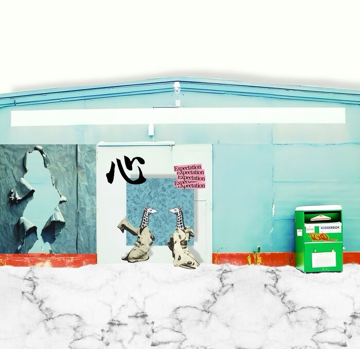 Dreamlike digital collages featuring surreal animals and abstract elements blending real and unreal in a vibrant street art scene.