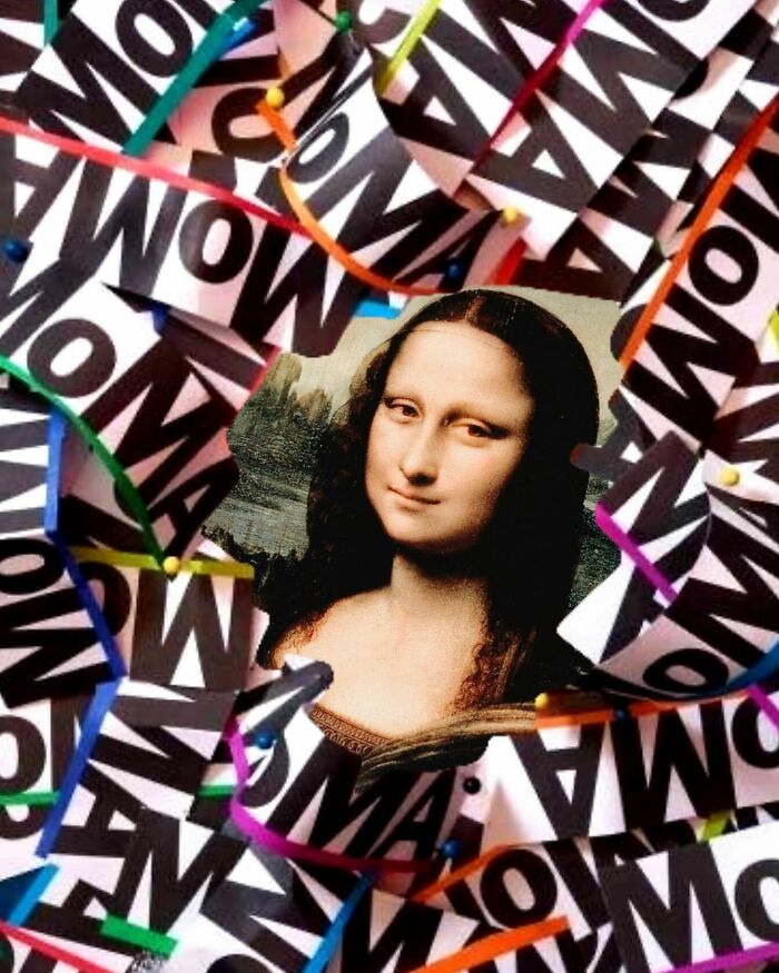 Digital collage featuring the Mona Lisa amid pinned notes and colorful string, blending real and unreal elements artistically.