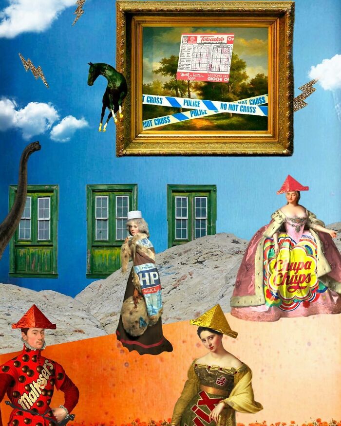 Surreal digital collage featuring vintage figures and objects blending real and unreal elements in a dreamlike scene.