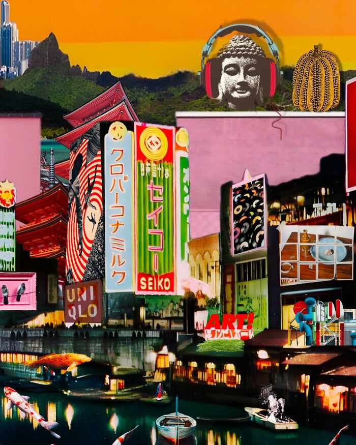 Colorful dreamlike digital collage blending cityscape, surreal objects, and nature elements illustrating surreal digital collage art.