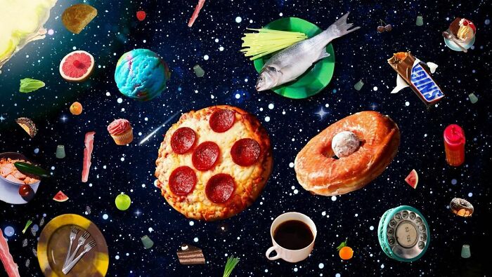 Surreal digital collage featuring floating food items and objects in a cosmic space scene, blending real and unreal elements.