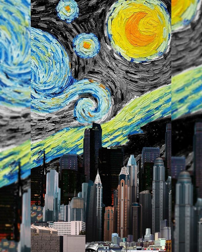 Digital collage blending a city skyline with dreamlike, swirling night sky inspired by famous surreal artwork style.