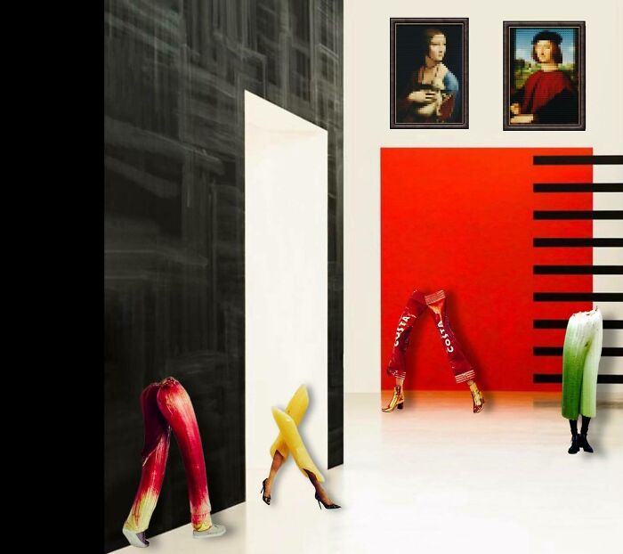 Surreal digital collage featuring walking vegetables with human legs in a modern interior, blending real and unreal elements.