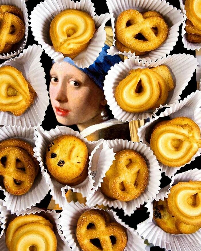 Digital collage blending classic portrait with cookies in paper cups, showcasing dreamlike art that blurs real and unreal.