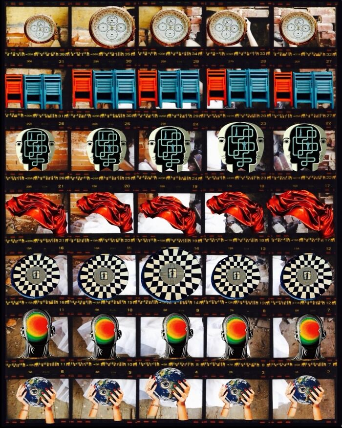 Dreamlike digital collage featuring repeated surreal elements like clocks, chairs, abstract heads, and colorful patterns.