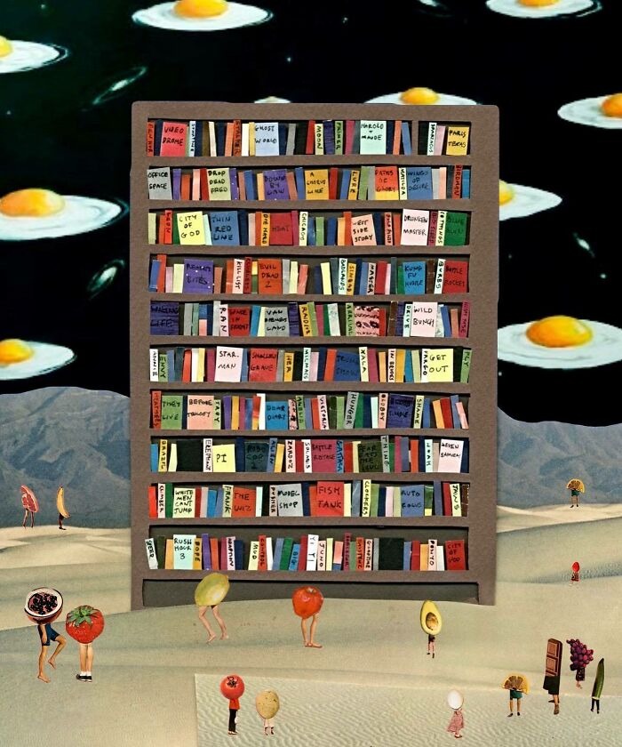 Surreal digital collage of a large bookshelf with tiny walking food and eggs floating in a dreamlike space blurred between real and unreal.