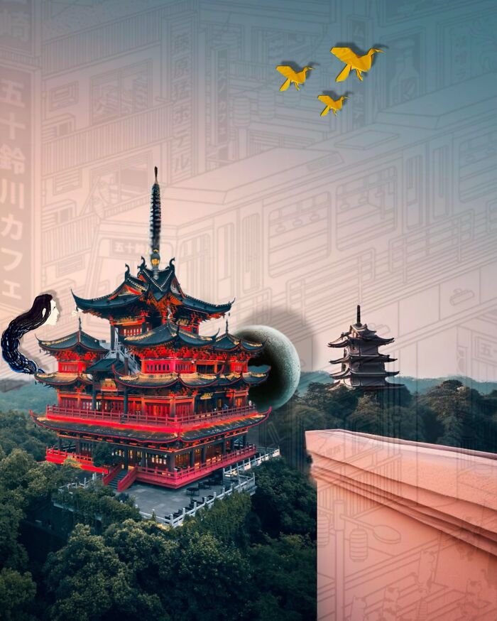 Dreamlike digital collage featuring a vibrant temple, floating birds, and surreal elements blending real and unreal.
