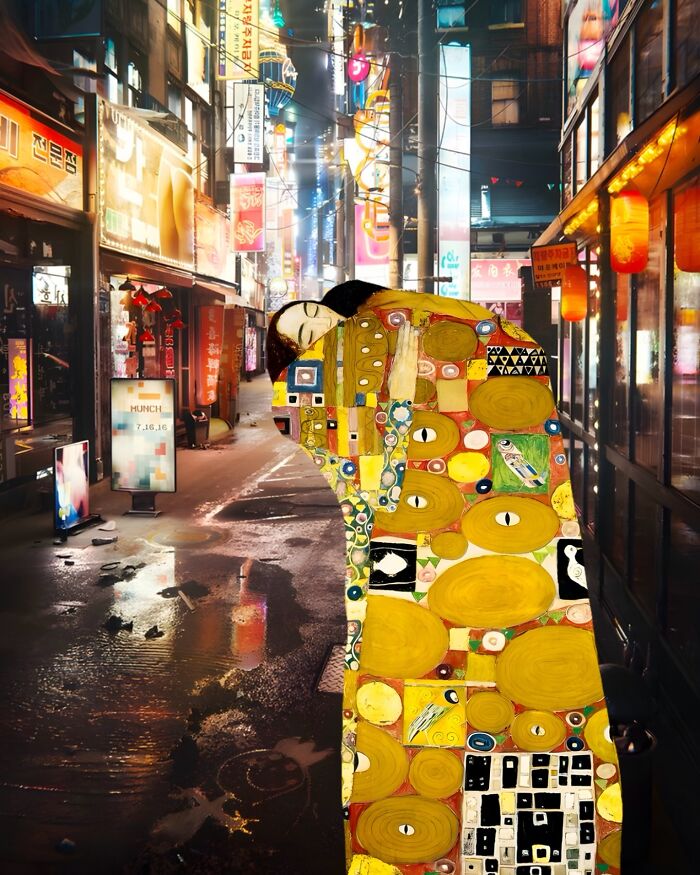Dreamlike digital collage blending vintage art figure with neon-lit urban street at night by Italian artist.