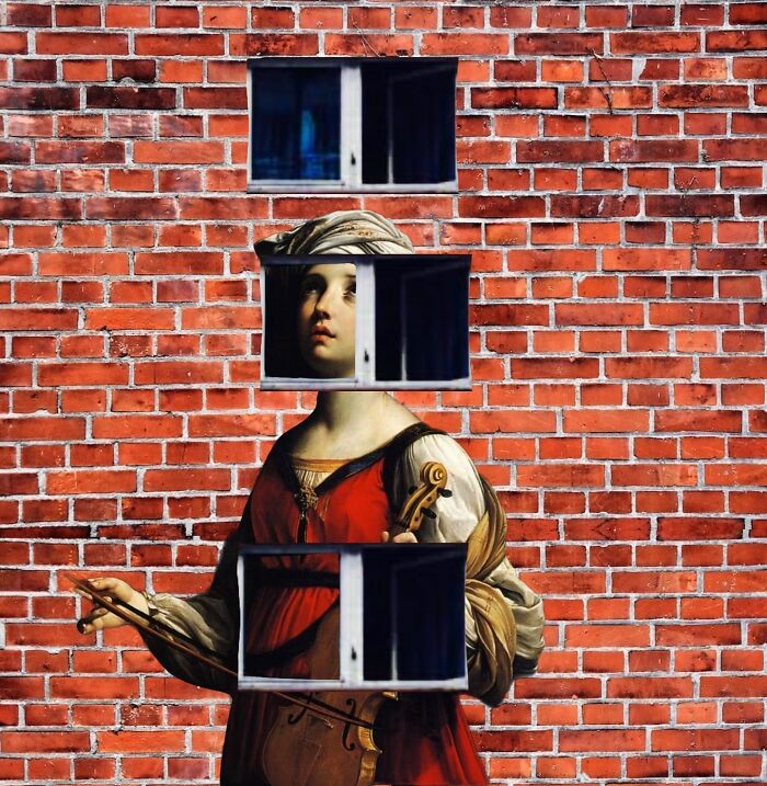 Surreal digital collage blending classical portrait and brick wall with window cutouts, showcasing dreamlike digital art.