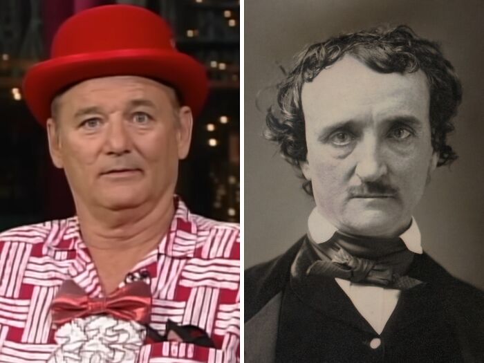 Celebrity in a red hat juxtaposed with a vintage portrait, illustrating celebrities playing their historical counterparts.