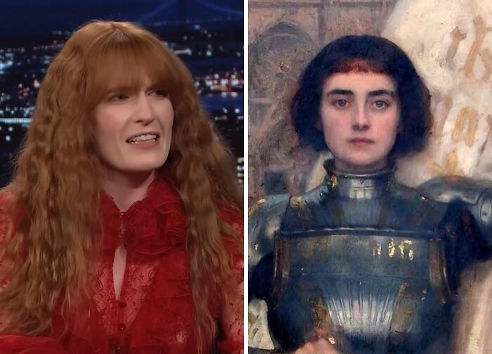 Actress with long red hair wearing red lace next to a historical portrait in armor, representing celebrities playing historical counterparts.