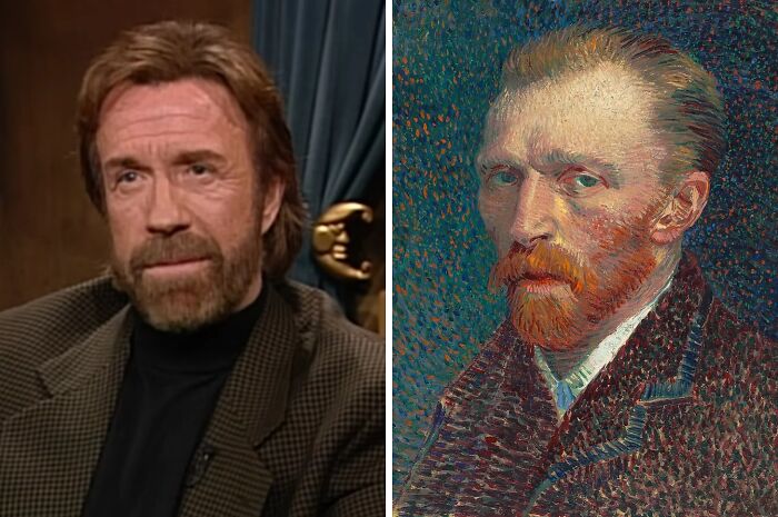 Split image showing Chuck Norris with beard and mustache beside Van Gogh’s self-portrait featuring red hair and beard, highlighting celebrities playing historical counterparts.